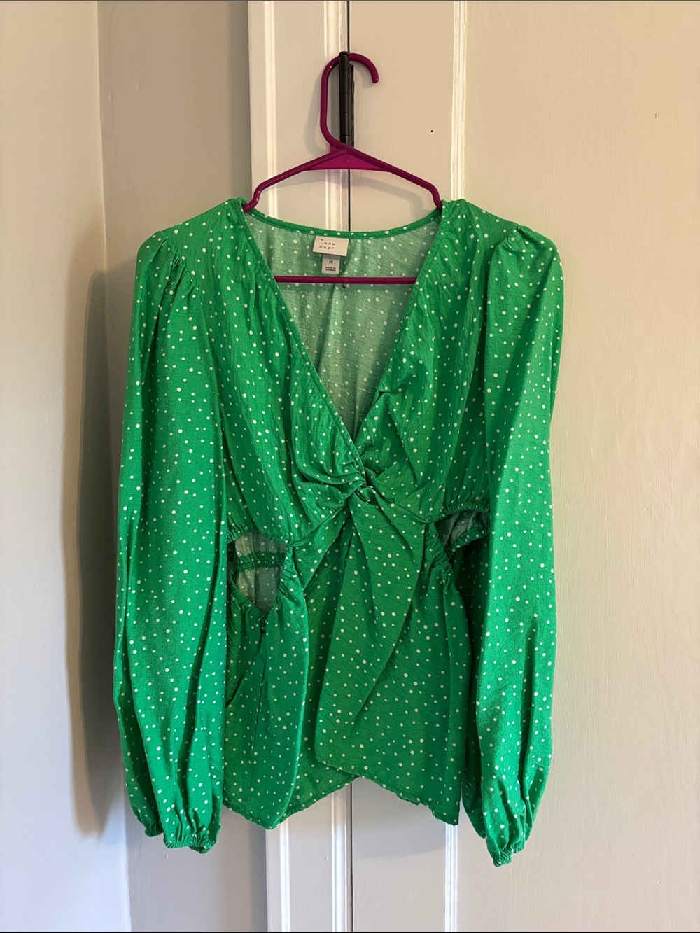 A New Day Bright Green Polka Dot Twist-Front Blouse
